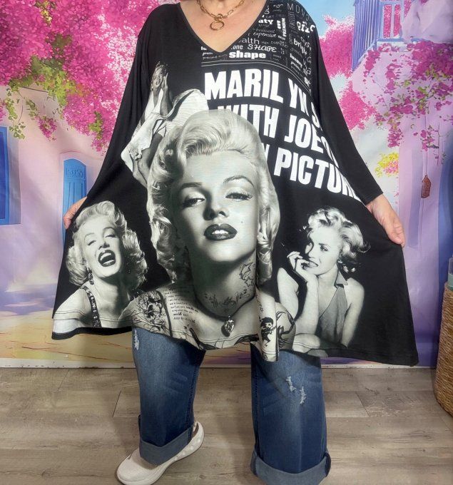 Tunique oversize longue noire ou robe courte Marylin Monroe rétro chic du 42 au 56
