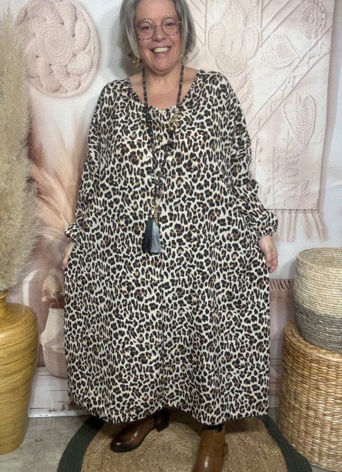 Robe longue oversize Léopard caramel beige noir du 42 au 52