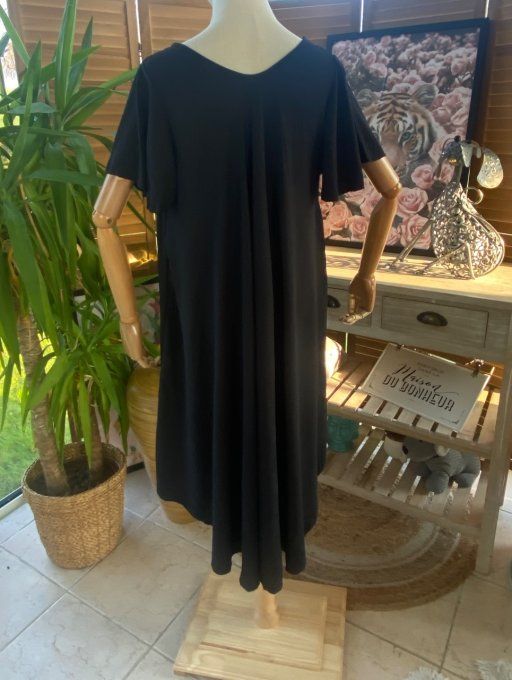 Robe trapèze asymétrique noire manches courtes volantées du 40 au 52/54