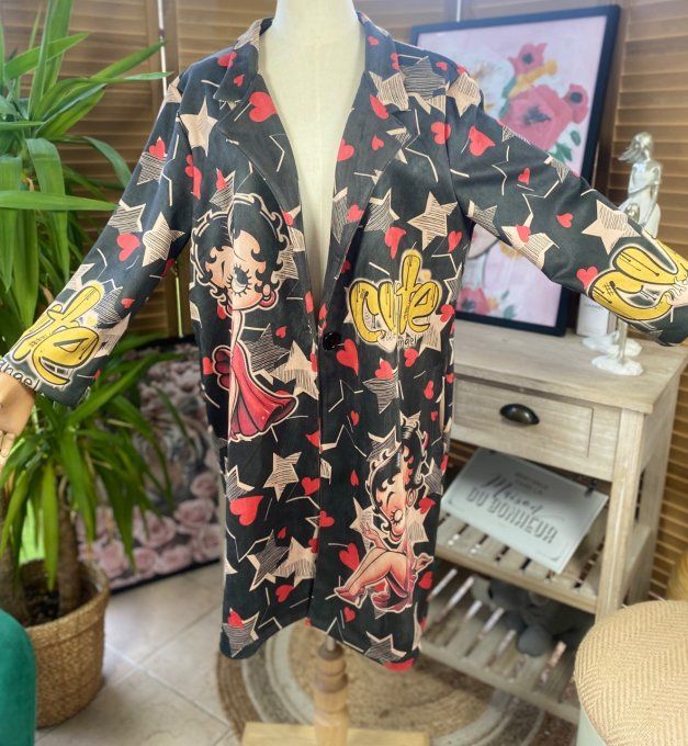 Veste longue suédine noire Betty. Boop. étoiles rouges du 36 au 46 et même + 