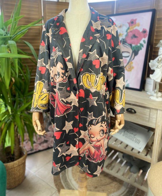 Veste longue suédine noire Betty. Boop. étoiles rouges du 36 au 46 et même + 