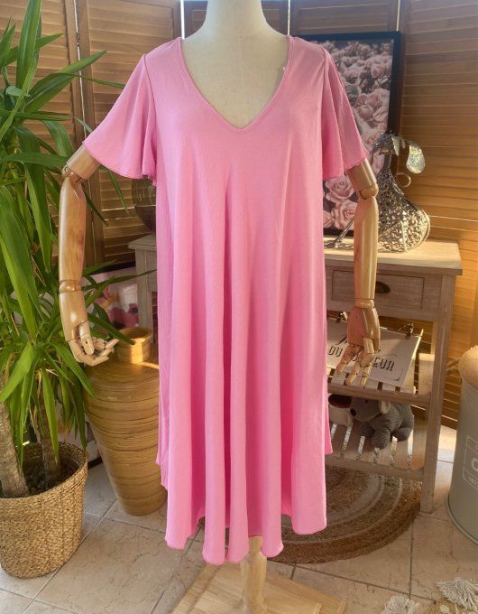 Robe trapèze asymétrique rose poudré manches courtes volantées du 40 au 52/54 