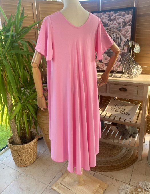 Robe trapèze asymétrique rose poudré manches courtes volantées du 40 au 52/54 