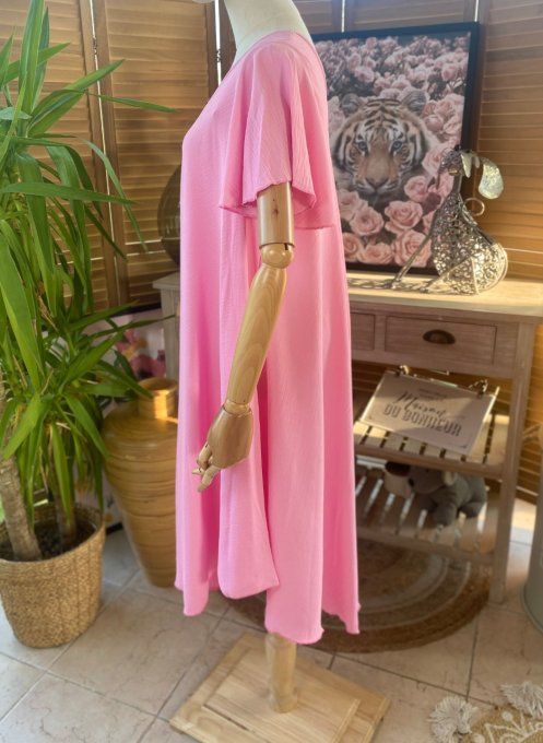 Robe trapèze asymétrique rose poudré manches courtes volantées du 40 au 52/54 