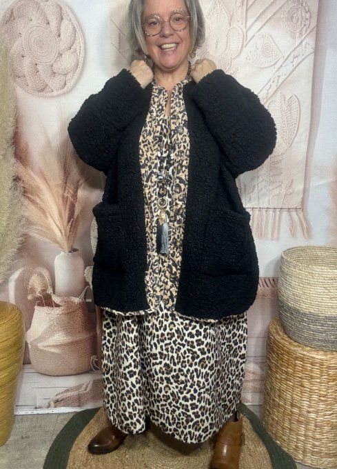 Gilet-veste moumoute Sherpa noire et suédine Léopard du 40 au 52/54 et même +  