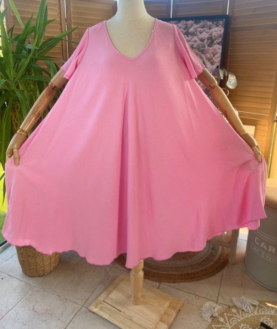 Robe trapèze asymétrique rose poudré manches courtes volantées du 40 au 52/54 
