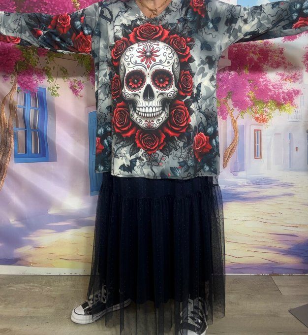 Tee-shirt oversize manches longues lycra marbré gris Mexican Skulls Calavera Red Roses du 40 au 54  