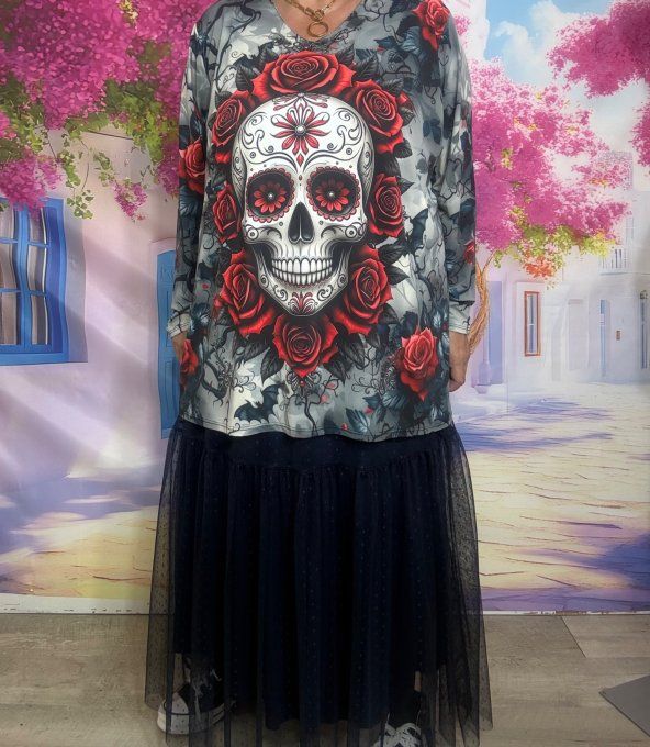 Tee-shirt oversize manches longues lycra marbré gris Mexican Skulls Calavera Red Roses du 40 au 54  