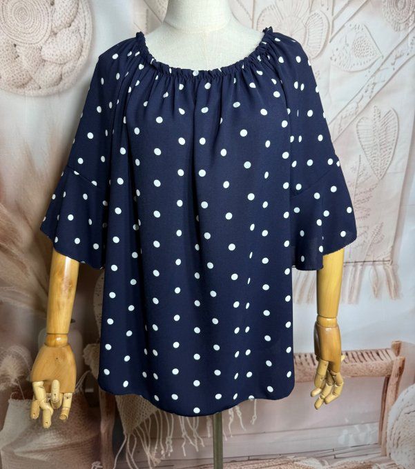 Blouse Bohème chic marine pois blancs manches volantées épaules dénudées du 38 au 50/52