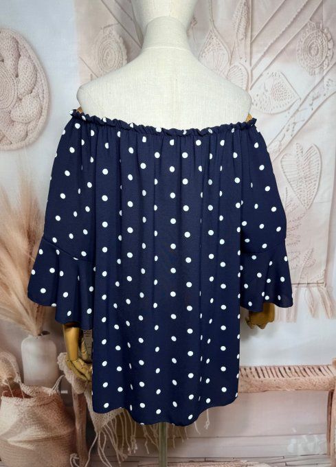 Blouse Bohème chic marine pois blancs manches volantées épaules dénudées du 38 au 50/52