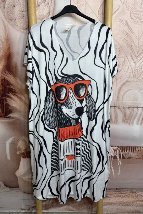 Robe mi-longue ample lycra blanche zébrée Le Chien Lévrier à lunettes du 42 au 54 