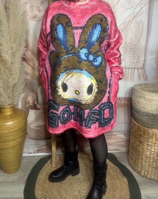 Robe courte ou Sweat long polaire duveteuse rose Little Pretty Rabbit du 40 au 50/52
