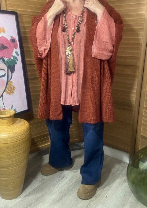 Gilet sans manches oversize Brique + broche dorée Soleil du 42 au 56/58 et même +