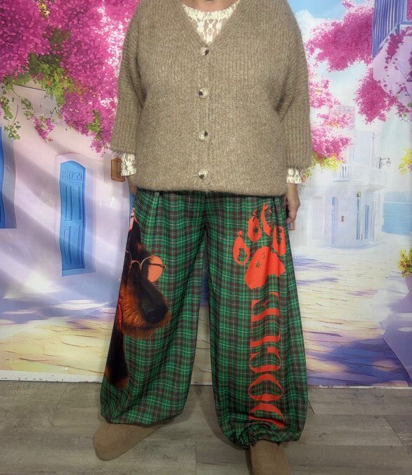 Pantalon "Aladin" cuisses larges bouffantes Tartan carreaux choco vert Chien Doggy du 42 au 54/56