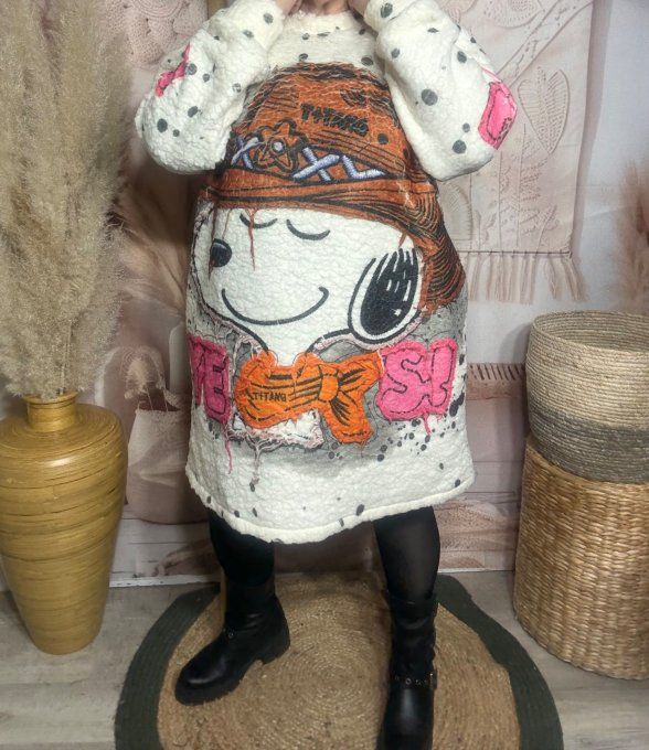 Robe courte ou Sweat long polaire duveteuse crème Snoopy Cowboy du 40 au 50/52 