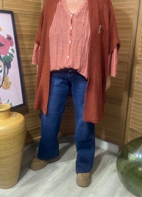 Blouse Terracotta manches pagodes broderie anglaise & fleurs crochetées du 38 au 48/50