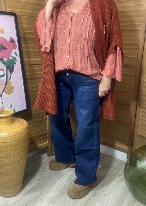 Blouse Terracotta manches pagodes broderie anglaise & fleurs crochetées du 38 au 48/50