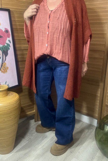 Gilet sans manches oversize Brique + broche dorée Soleil du 42 au 56/58 et même +