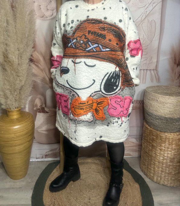 Robe courte ou Sweat long polaire duveteuse crème Snoopy Cowboy du 40 au 50/52 