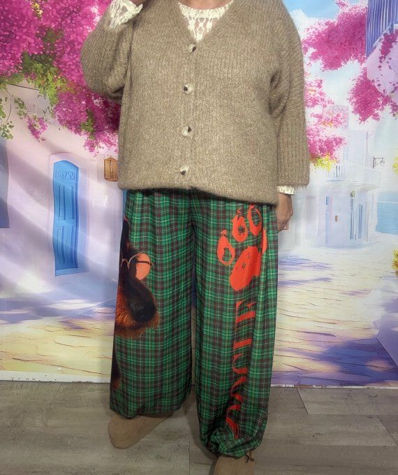 Pantalon "Aladin" cuisses larges bouffantes Tartan carreaux choco vert Chien Doggy du 42 au 54/56