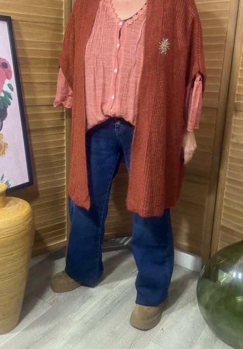 Gilet sans manches oversize Brique + broche dorée Soleil du 42 au 56/58 et même +