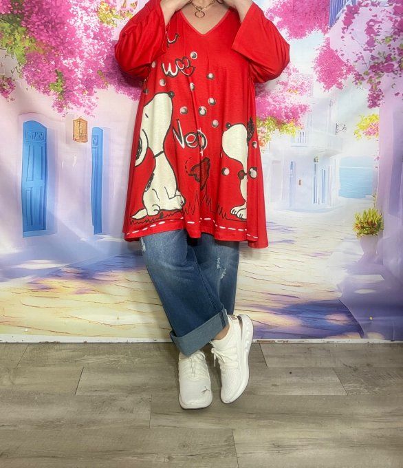 Tunique oversize longue rouge ou robe courte Snoopy in Love du 42 au 56