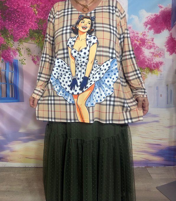 Tee-shirt oversize manches longues lycra carreaux Tartan Pin Up rétro chic du 40 au 54