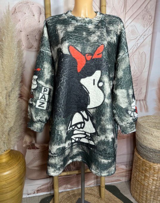 Robe courte ou Sweat long polaire duveteuse noir grisé Mafalda du 40 au 50/52