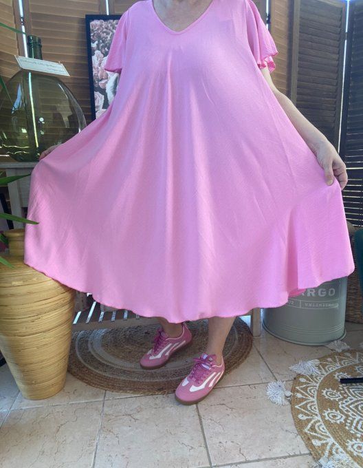 Robe trapèze asymétrique rose poudré manches courtes volantées du 40 au 52/54 