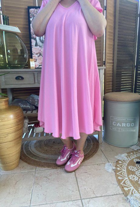 Robe trapèze asymétrique rose poudré manches courtes volantées du 40 au 52/54 