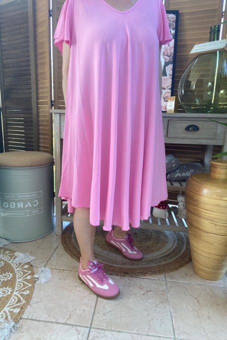 Robe trapèze asymétrique rose poudré manches courtes volantées du 40 au 52/54 