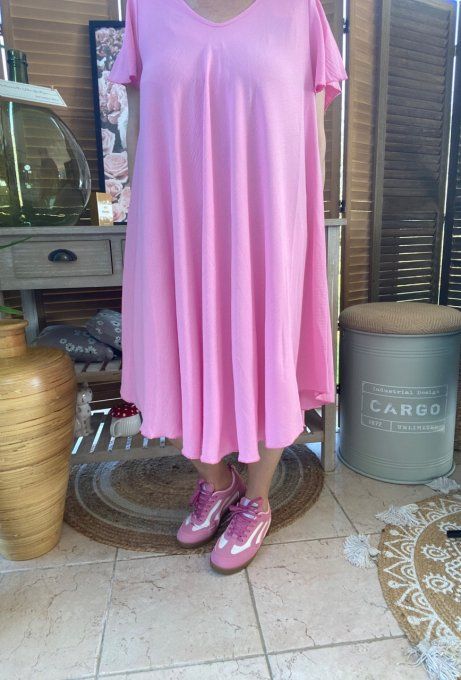 Robe trapèze asymétrique rose poudré manches courtes volantées du 40 au 52/54 