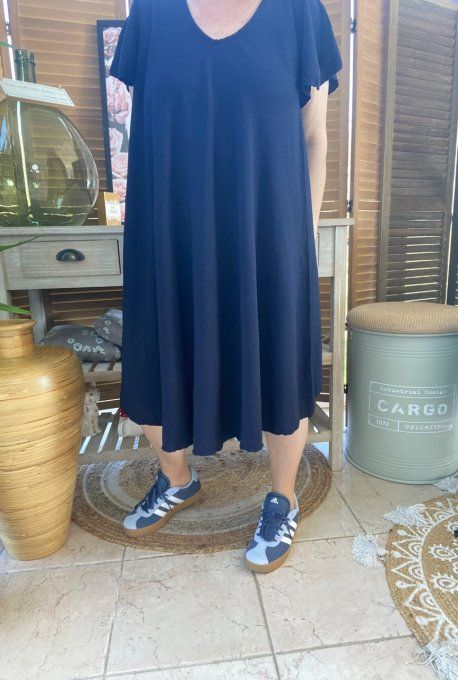 Robe trapèze asymétrique marine manches courtes volantées du 40 au 52/54
