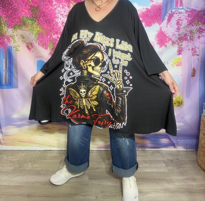 Tunique oversize longue noire ou robe courte Skulls Calaveras Rock Angel du 42 au 56