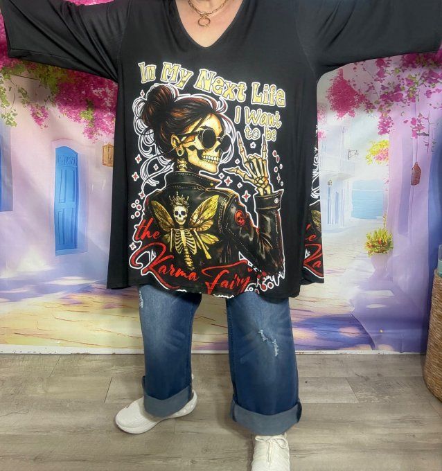 Tunique oversize longue noire ou robe courte Skulls Calaveras Rock Angel du 42 au 56