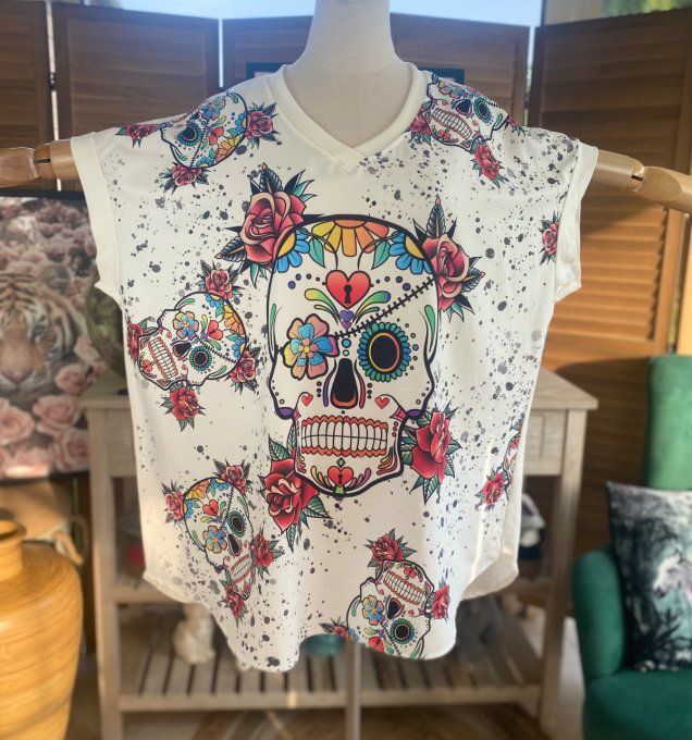 Top ample blanc Mexican Skulls & Red Roses du 42 au 52/54