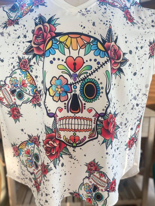 Top ample blanc Mexican Skulls & Red Roses du 42 au 52/54