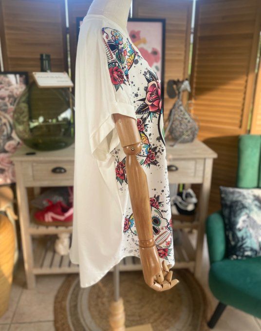 Top ample blanc Mexican Skulls & Red Roses du 42 au 52/54