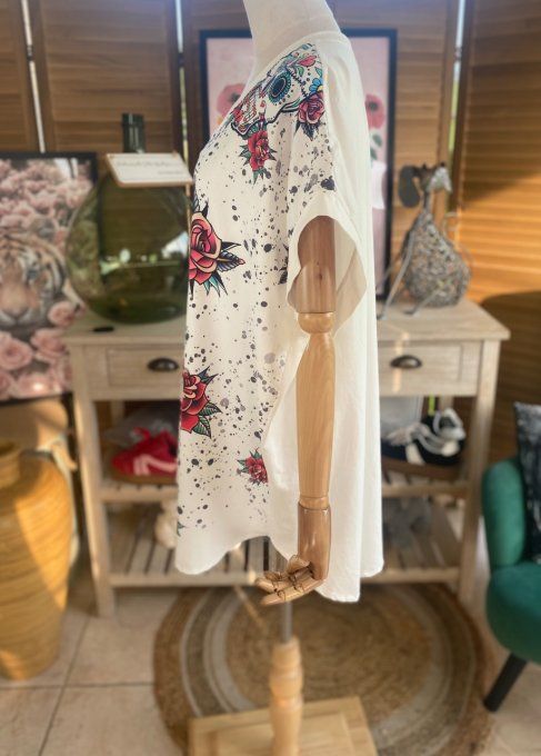 Top ample blanc Mexican Skulls & Red Roses du 42 au 52/54