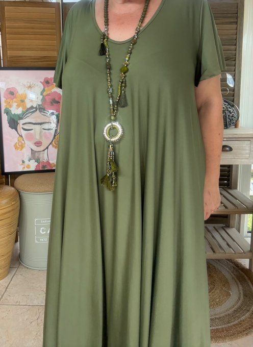 Sautoir camaïeu de verts & kaki perles verre pendentif rond qualité +++