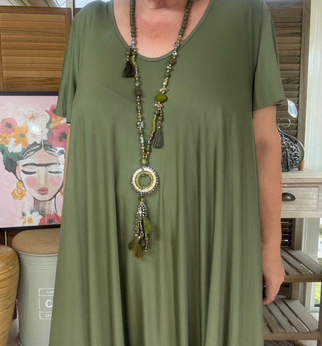Sautoir camaïeu de verts & kaki perles verre pendentif rond qualité +++