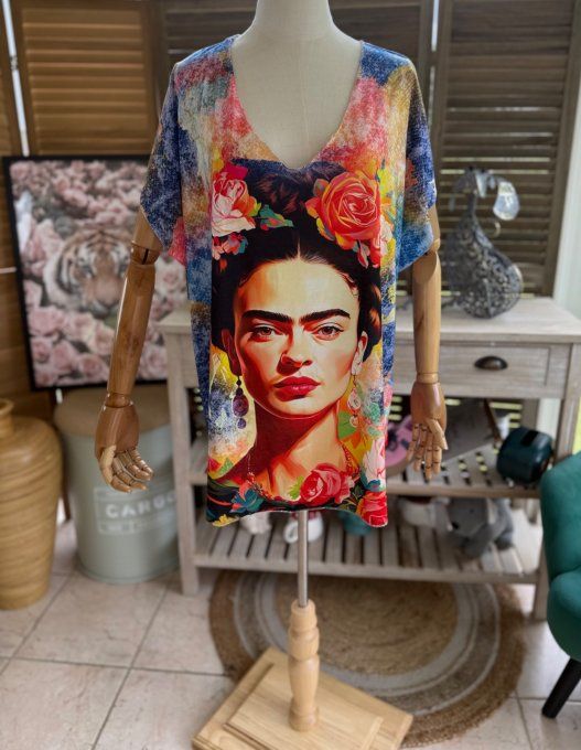 Top fin ample multicolore Frida Kahlo aux Fleurs du 40 au 52