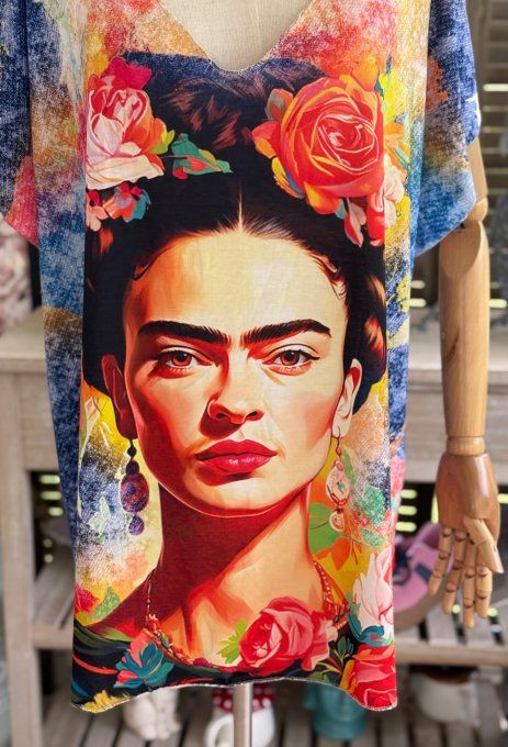 Top fin ample multicolore Frida Kahlo aux Fleurs du 40 au 52
