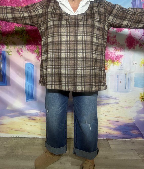 Top 2-en-1 Trompe-l’œil Pull & Chemise Tartan carreaux chocolat douceur +++ du 38 au 48/50