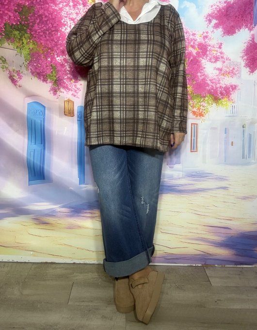 Top 2-en-1 Trompe-l’œil Pull & Chemise Tartan carreaux chocolat douceur +++ du 38 au 48/50
