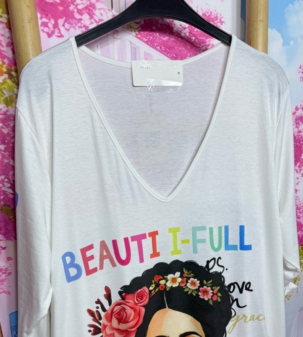 Tunique oversize longue blanche ou robe courte Beautiful Frida Kahlo du 42 au 56 