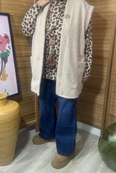 Pull long ou robe courte Léopard camel effet pailleté doré du 38 au 44/46