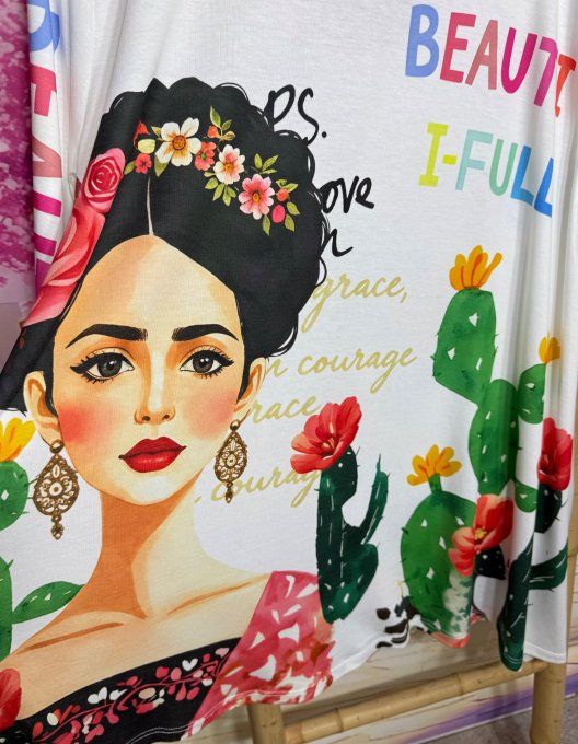 Tunique oversize longue blanche ou robe courte Beautiful Frida Kahlo du 42 au 56 