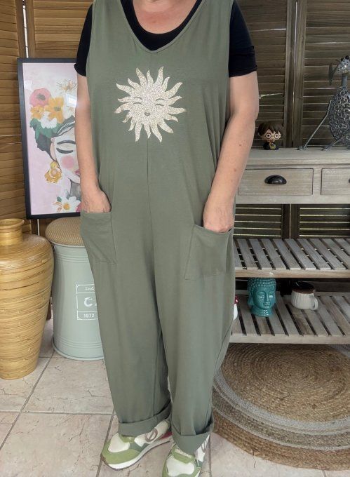 Combinaison salopette coton  Kaki Soleil pailleté doré or du 40 au 48/50
