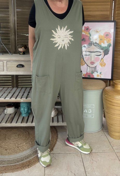 Combinaison salopette coton  Kaki Soleil pailleté doré or du 40 au 48/50